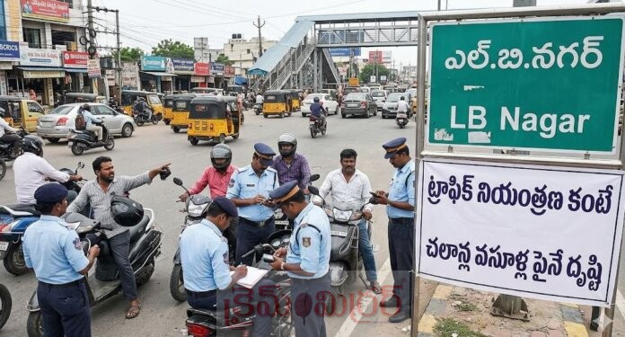 LB Nagar: ట్రాఫిక్ నియంత్రణ కంటే చలాన్ల వసూళ్ల పైనే దృష్టి..!